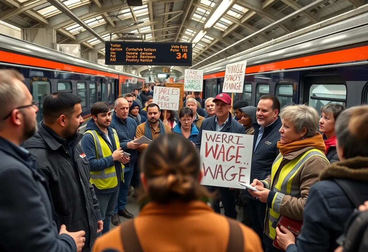 LIRR workers gathered at a train station discussing wage disputes with supportive signs.
