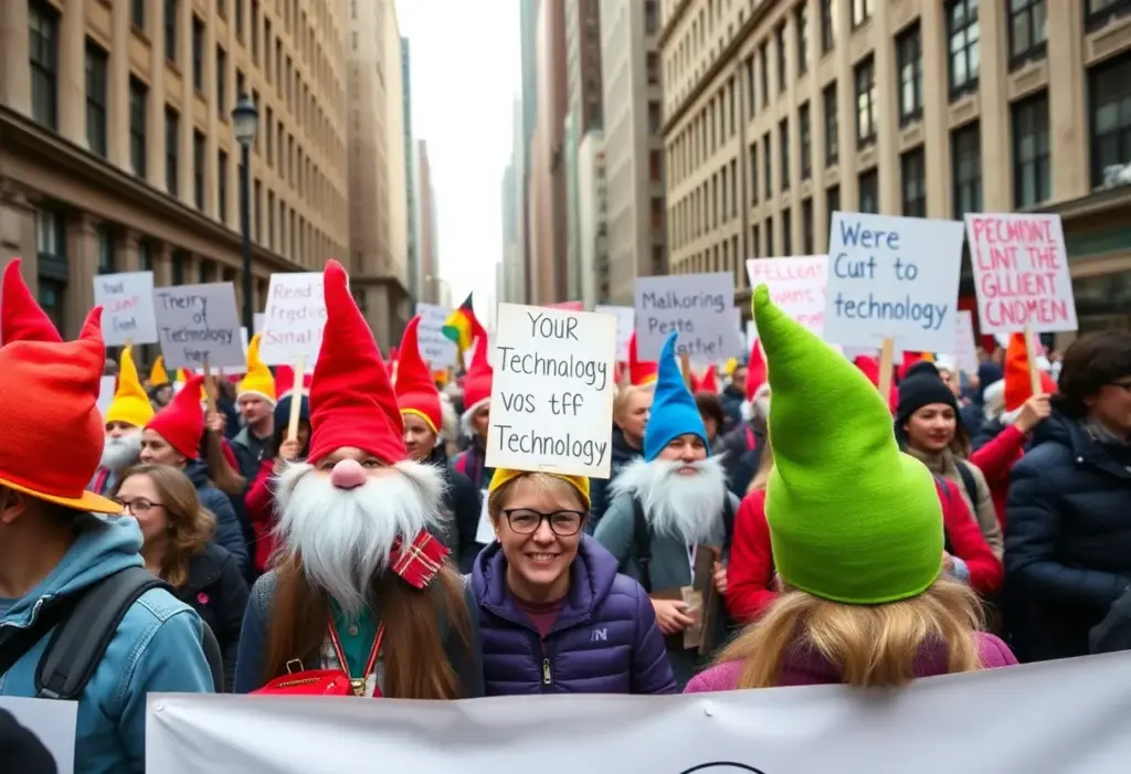 Participants in a Luddite movement rally in NYC wearing colorful hats and holding signs.
