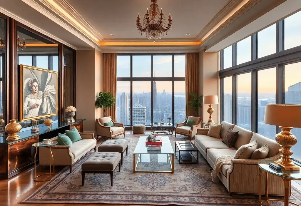 Interior of a luxury co-op in Lenox Hill featuring elegant decor and city views.