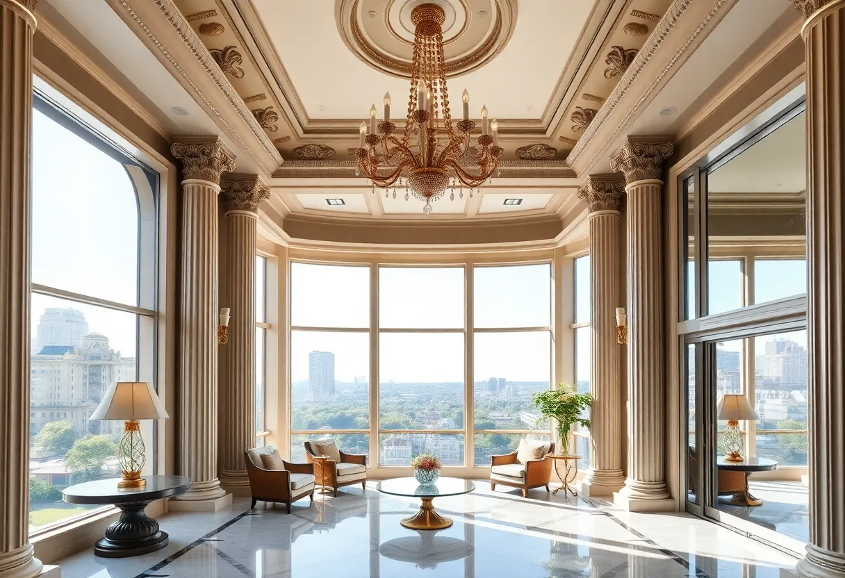 Interior of a luxury condo in The Plaza Hotel featuring elegant decor and high ceilings.