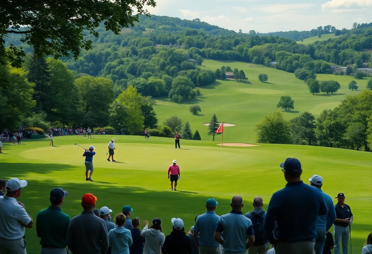 Golf course in New York featuring players and spectators