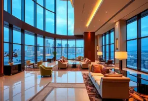 Interior view of Mandarin Oriental hotel with city skyline backdrop