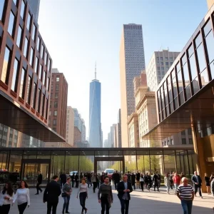 Busy office building in Manhattan with people entering
