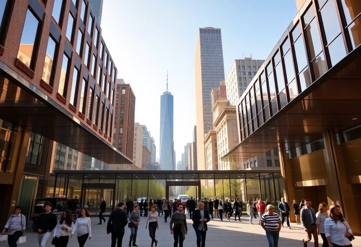 Busy office building in Manhattan with people entering