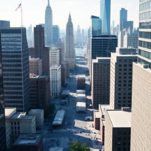 A view of Manhattan's skyline featuring various office buildings and a vibrant city atmosphere.