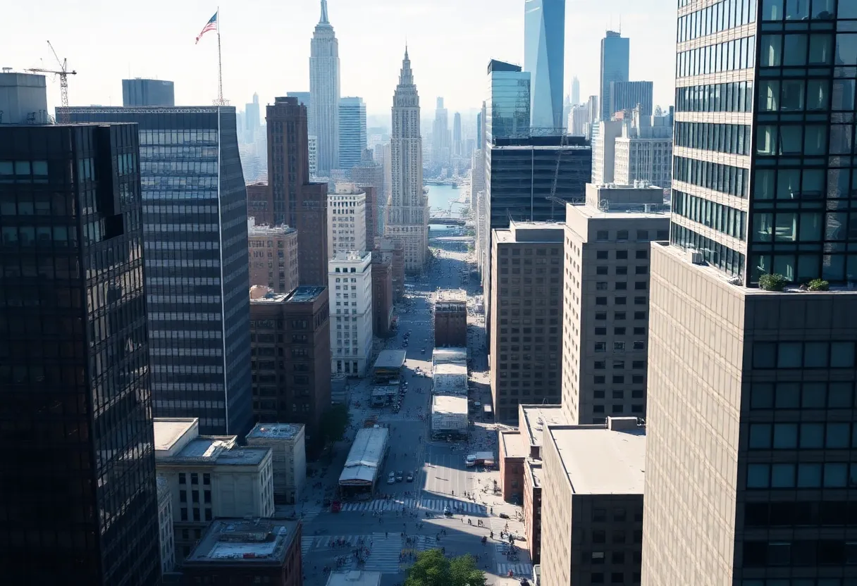 A view of Manhattan's skyline featuring various office buildings and a vibrant city atmosphere.
