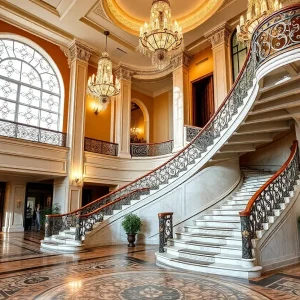 Lobby of the Martinique New York Hotel, showcasing marble staircase and chandeliers.