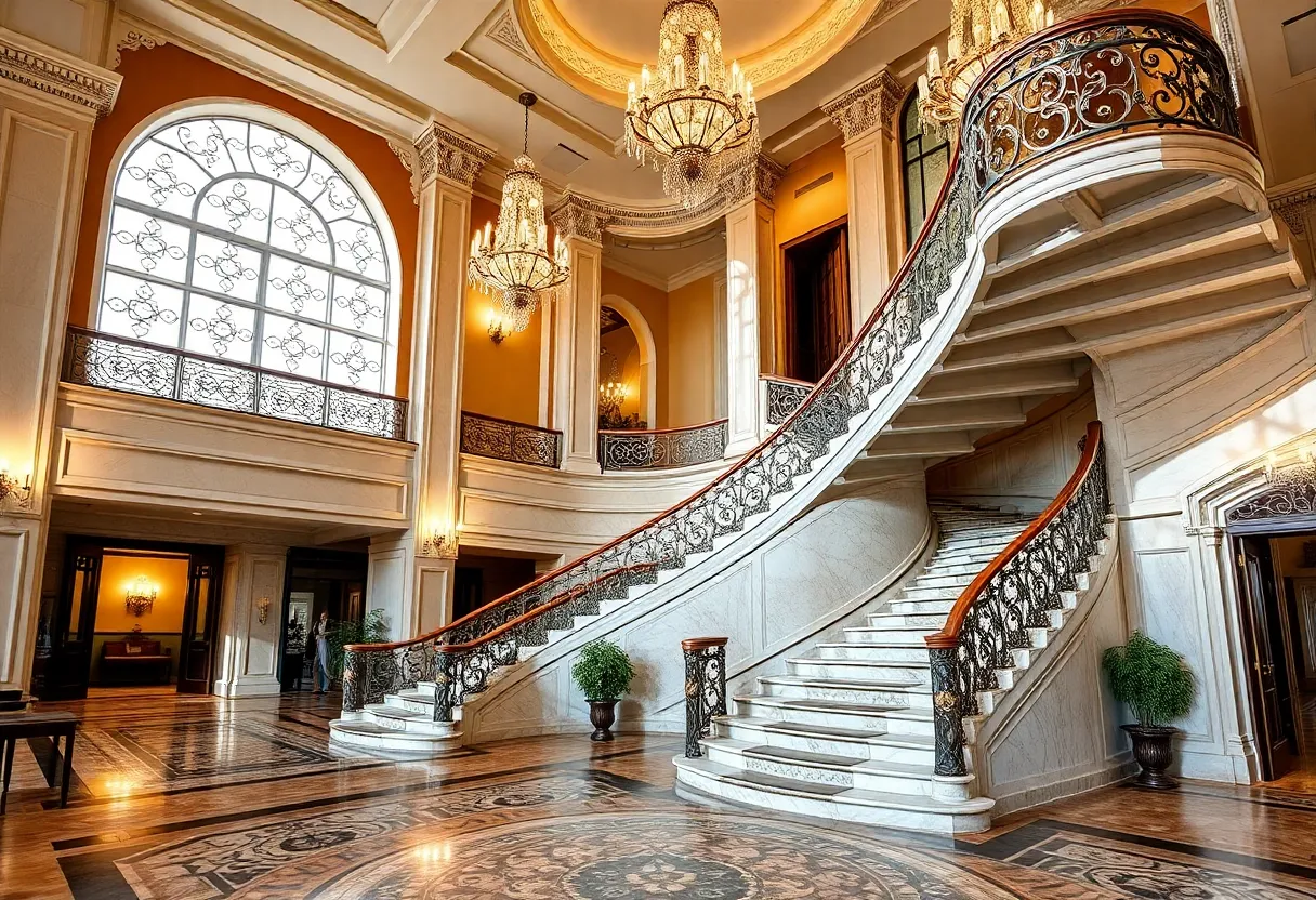 Lobby of the Martinique New York Hotel, showcasing marble staircase and chandeliers.