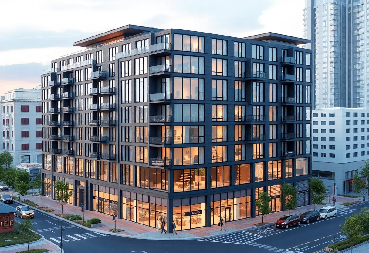 Rendering of a mixed-use property with residential and commercial spaces