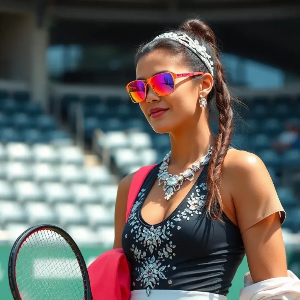 Tennis player wearing a stylish crystal-embellished outfit in a match setting.