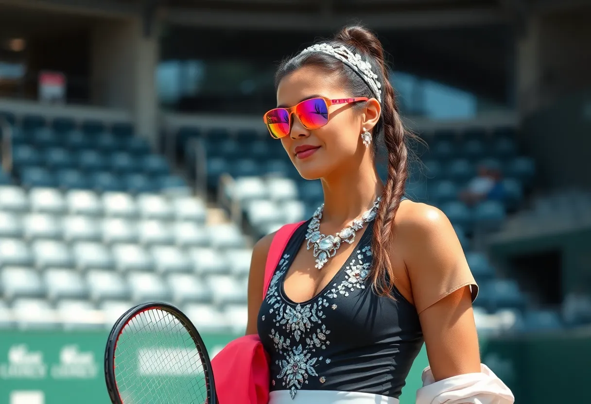 Tennis player wearing a stylish crystal-embellished outfit in a match setting.