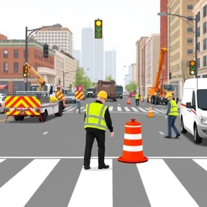 Construction workers building a new crosswalk on Southeast 82nd Avenue.