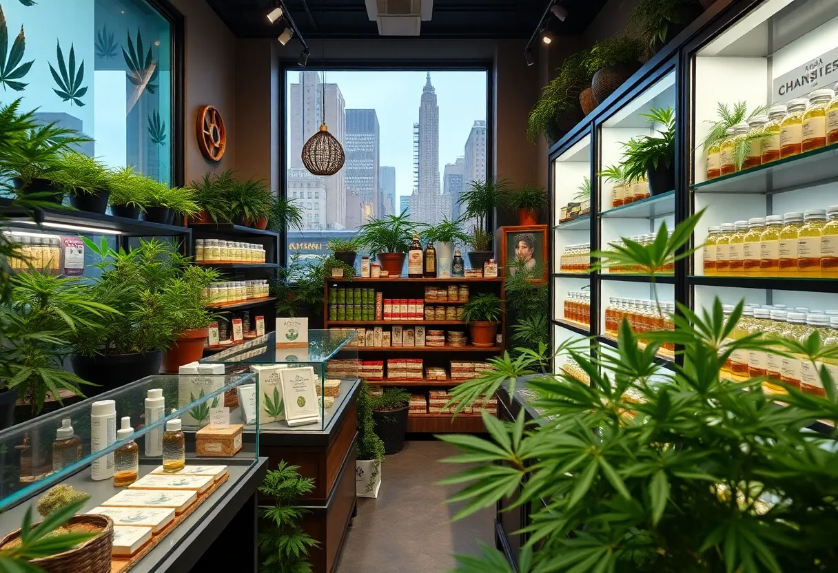 Interior of a New York cannabis dispensary filled with products