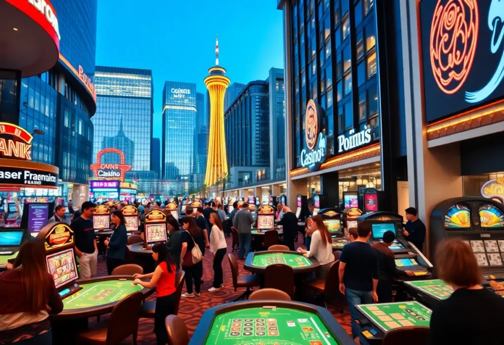A lively casino scene with gaming tables and excited players