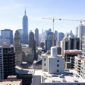 Skyline of New York City with new apartment buildings under construction