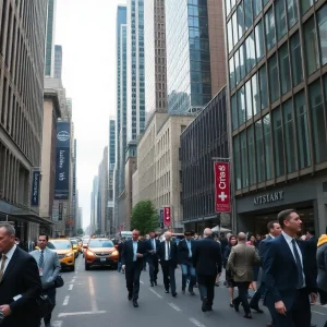 Busy business district in New York City with professionals and skyscrapers.