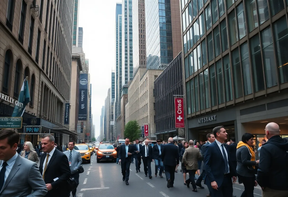 Busy business district in New York City with professionals and skyscrapers.