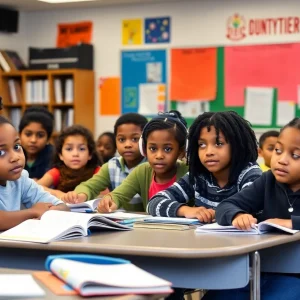 A diverse group of students actively participating in a classroom in New York City, symbolizing educational challenges.