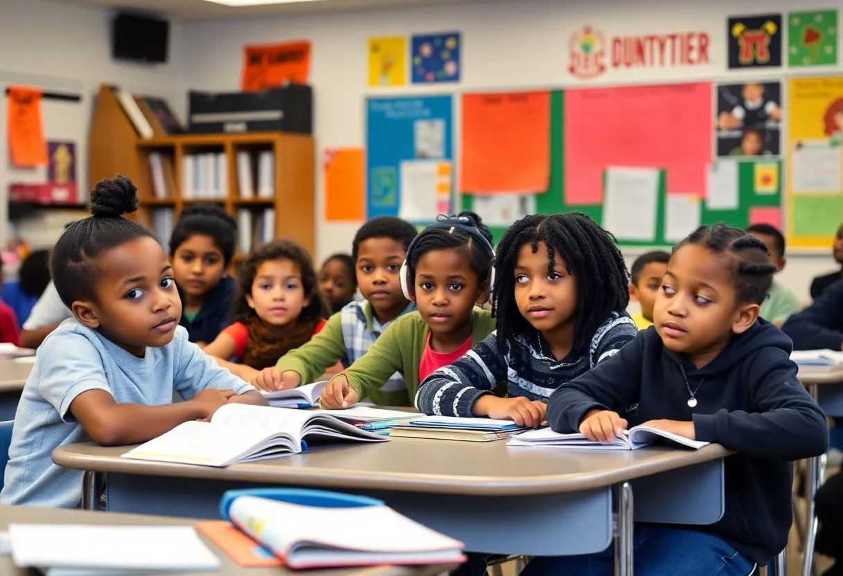 A diverse group of students actively participating in a classroom in New York City, symbolizing educational challenges.