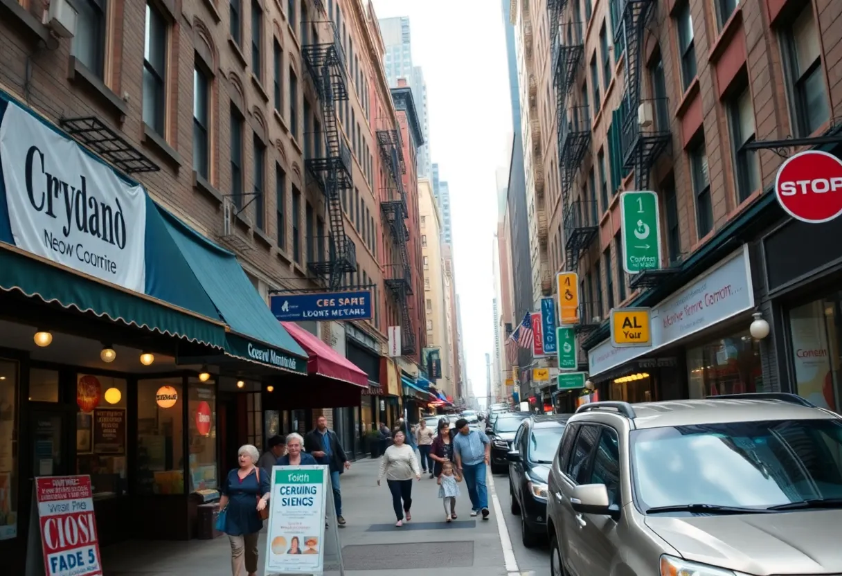 A bustling street in New York City featuring various small businesses