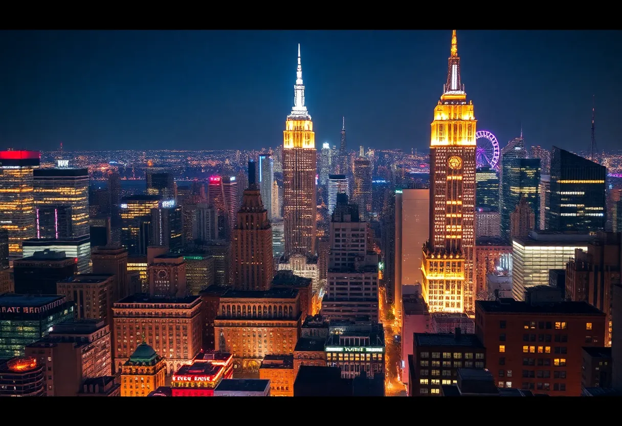 Illuminated New York City skyline with cultural landmarks