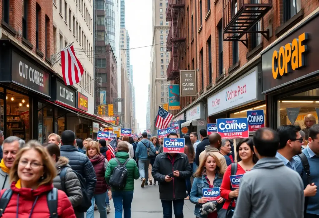 Vibrant cityscape of New York City showcasing campaign activities and small businesses.