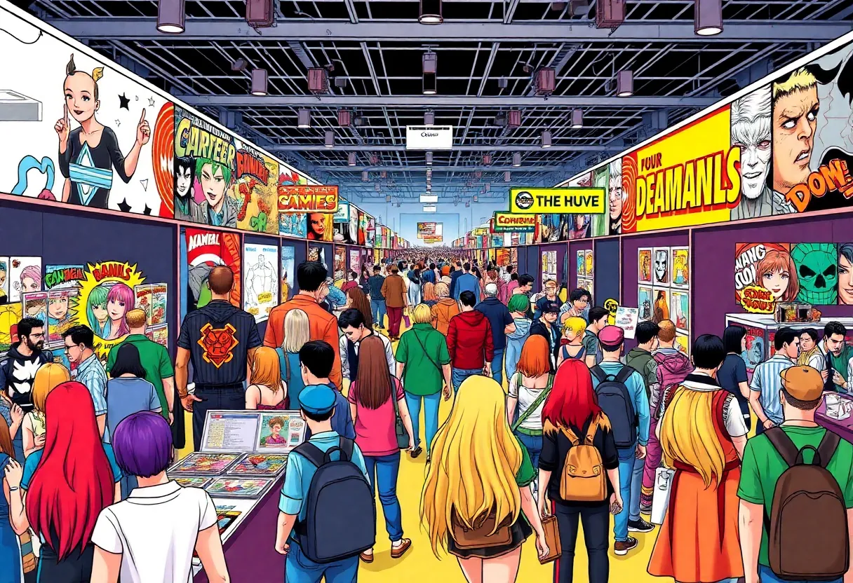 Crowd enjoying the New York Comic Con with lively booths and cosplayers.