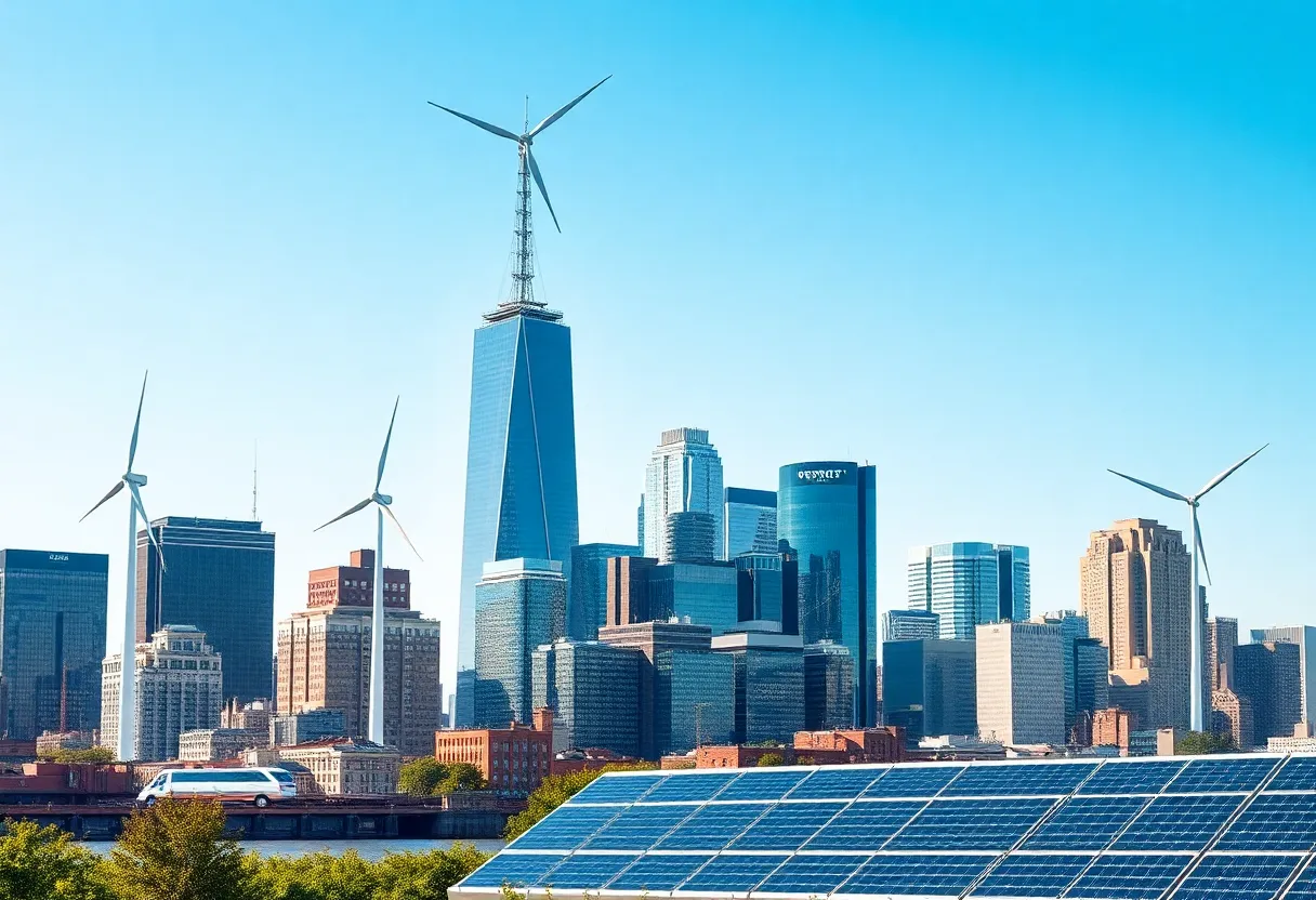 A skyline of New York featuring renewable energy sources
