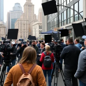 Filming in New York City with crew and equipment.