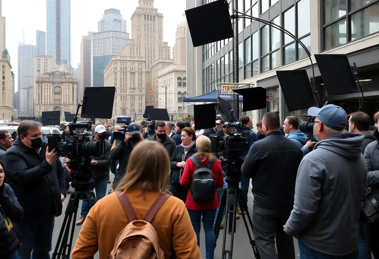 Filming in New York City with crew and equipment.