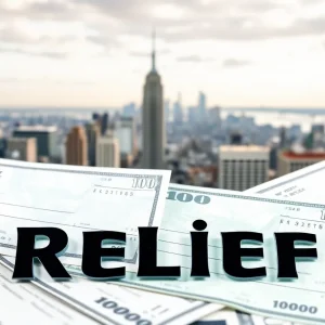 Conceptual image of New York State inflation refund check with city skyline.