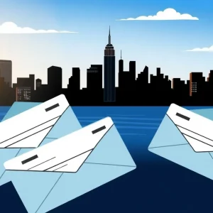 Illustration of inflation refund checks being distributed in New York.