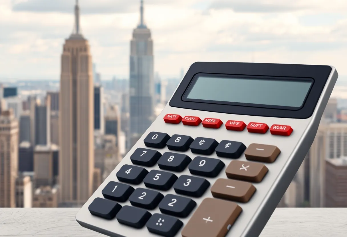 Calculator and New York skyline representing Medicaid financial issues