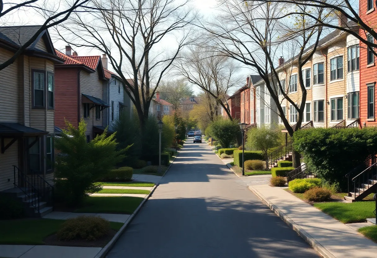 A picturesque New York neighborhood with diverse homes and parks.
