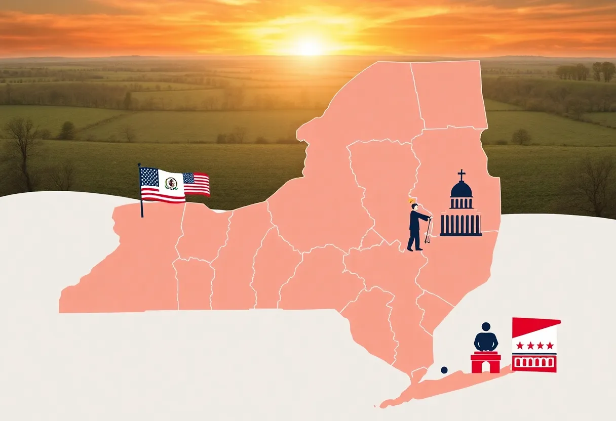 A map of New York State showing redistricting dynamics and symbols of democracy.