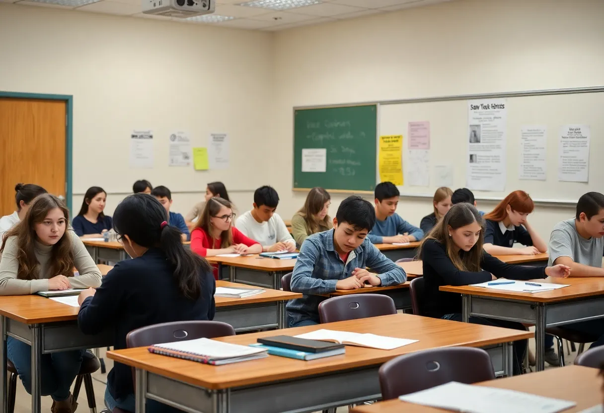 Students focused in a classroom adhering to cellphone ban