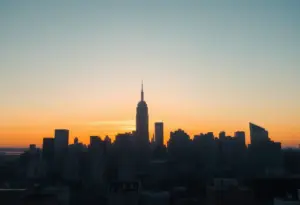 View of the New York City skyline at sunset