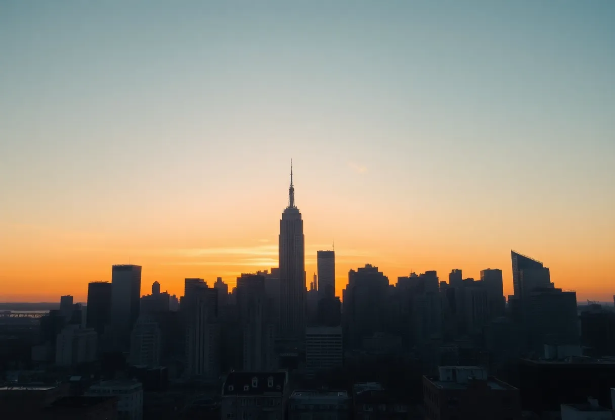 View of the New York City skyline at sunset