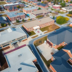 Aerial view of Norfolk public schools showing their architectural diversity and empty playgrounds.