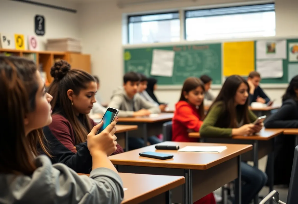 Students engaged in classroom activities without cellphones