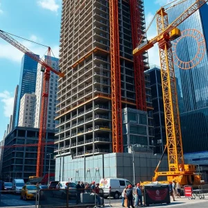 Construction workers and cranes in New York City urban landscape