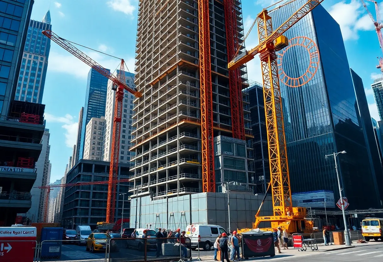 Construction workers and cranes in New York City urban landscape
