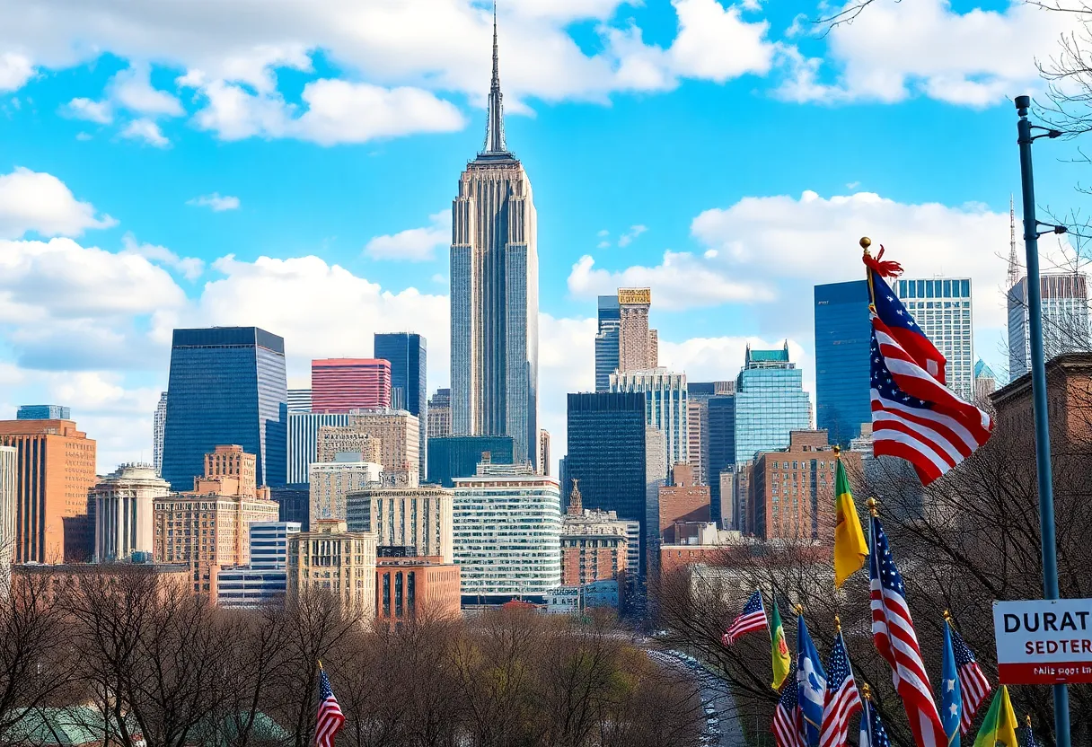 Vibrant New York City skyline with election campaign signs