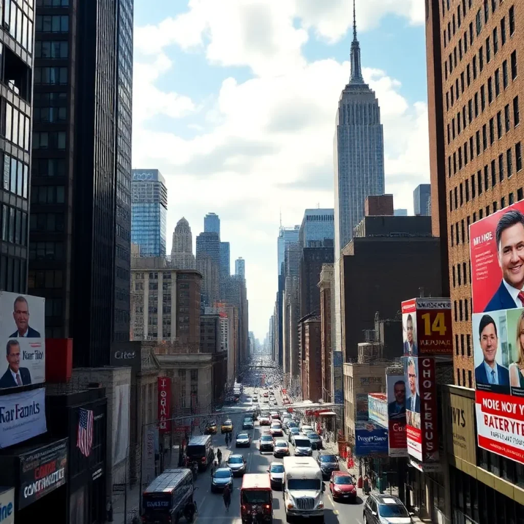 Banners and signs for the New York City mayoral election in front of skyscrapers.