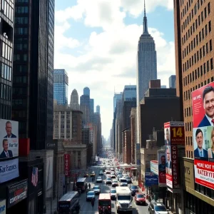Banners and signs for the New York City mayoral election in front of skyscrapers.