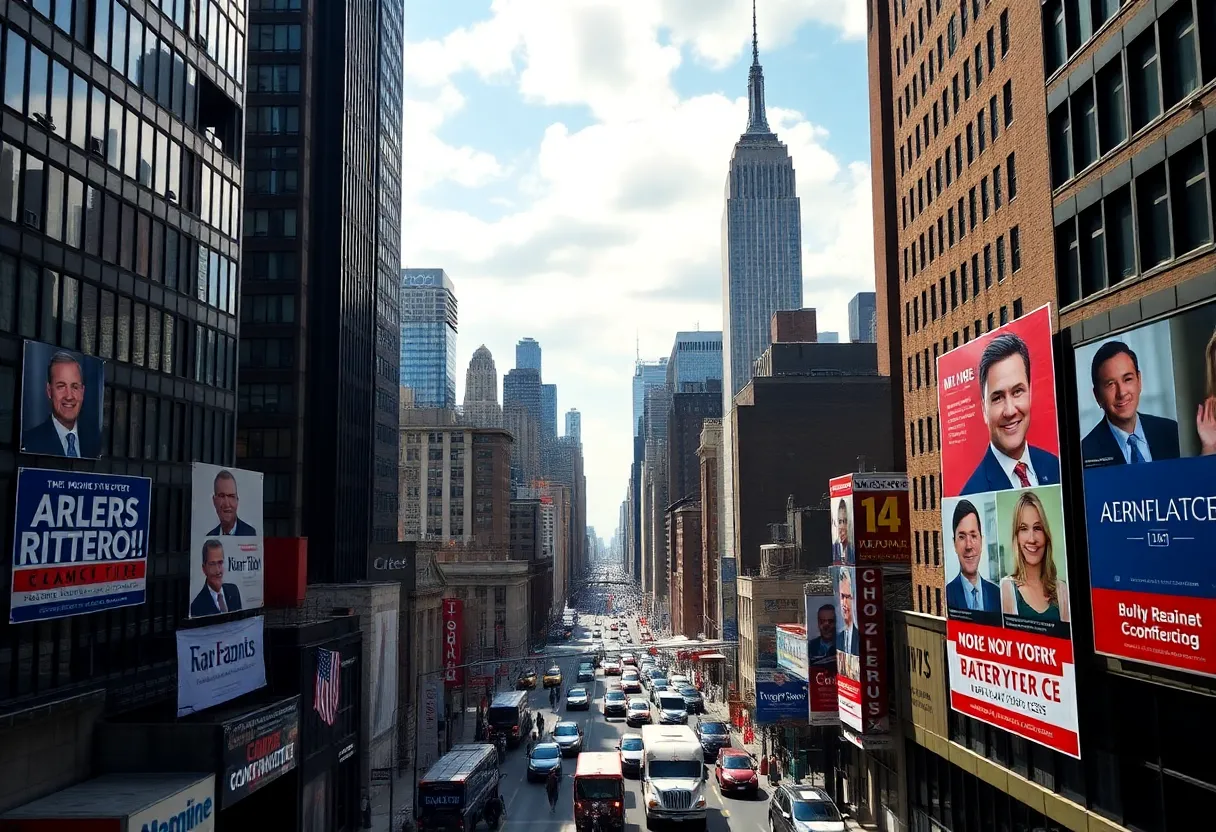 Banners and signs for the New York City mayoral election in front of skyscrapers.