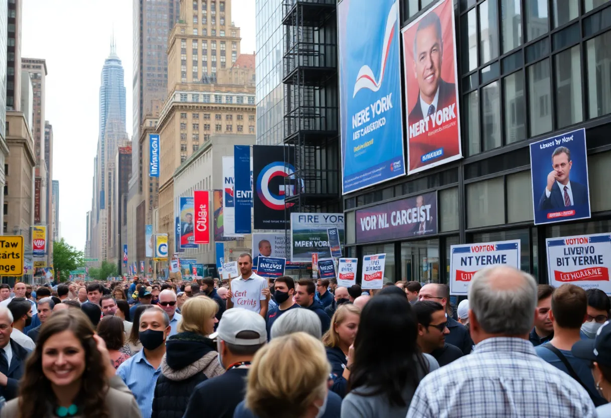 Crowd in New York City discussing the mayoral race with campaign posters in the background.