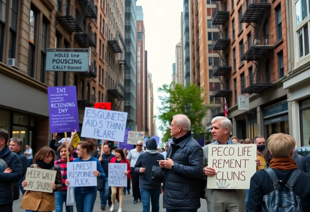 Protesters advocating for tenant rights alongside landlords discussing concerns