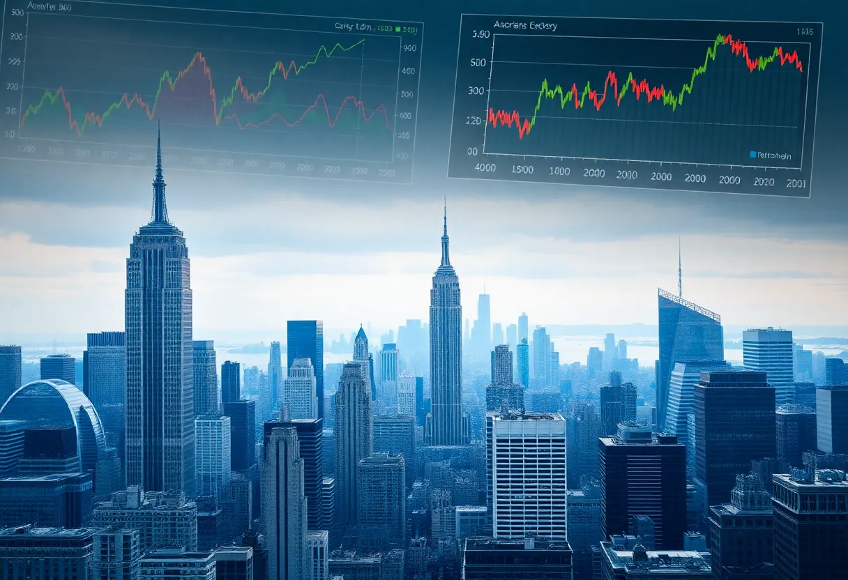 View of New York City skyline with financial graphics in foreground