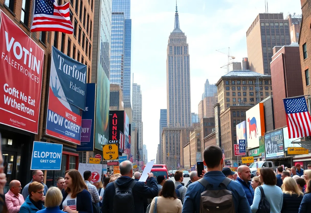Campaign posters and citizens in New York City during election season